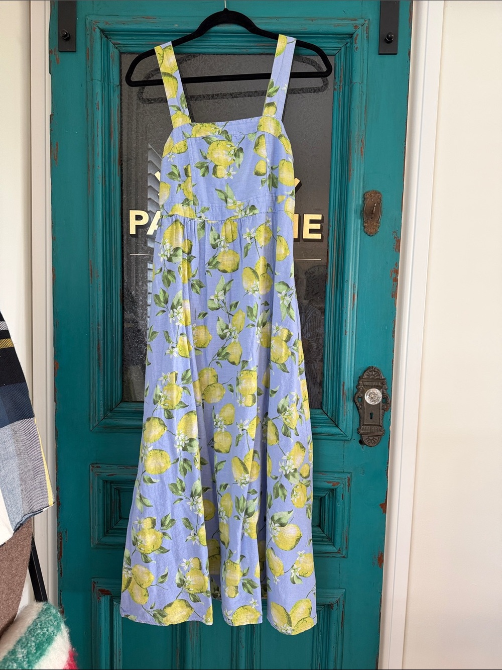 Linen Lemon-Print Maxi Dress in Blue & Yellow